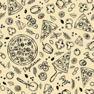 Seamless pattern of hand drawn line art black vegetarian pizza ingredients: bell pepper, tomatoes, cheese, onion, olive, basil.Pizza wheel and slices of fast food on beige background