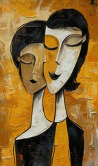 Two stylized figures embrace in a warm, abstract painting