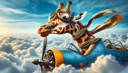 A whimsical image of a giraffe with aviator goggles piloting a vintage blue airplane through fluffy clouds in the sky. - obrazy, fototapety, plakaty