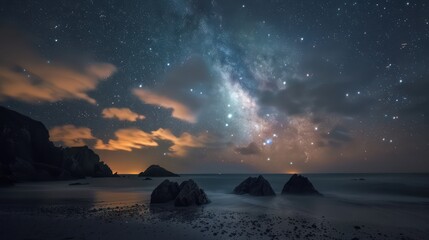 A breathtaking night landscape showcasing the Milky Way galaxy stretching above a tranquil beach with rocky formations and soft clouds - obrazy, fototapety, plakaty
