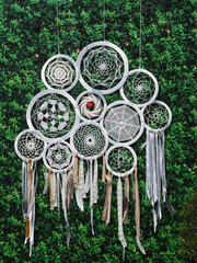 Closeup Shot of Dream Catchers Decorated on Green Background.