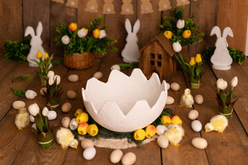 Easter photo zone for children. White shell. Children's photo zone. For a photo shoot.