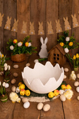 Easter photo zone for children. White shell. Children's photo zone. For a photo shoot.