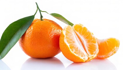 Tangerine - Citrus tangerina or Citrus × tangerina - group of orange colored citrus fruit consisting of hybrids of mandarin orange varieties. Whole and half fruit isolated on white background