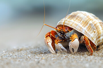a tiny hermit crab emerging from its shell on a sandy beach