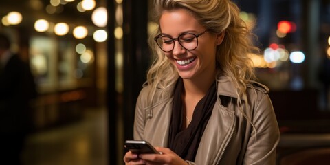 A woman is happily smiling while looking at her cell phone screen