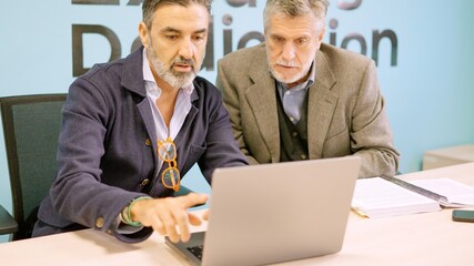 Mature businessmen using laptop sitting on meeting room