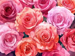 Roses blushing in varying shades of pink, watercolor romance, pastel affection, cartoon minimal