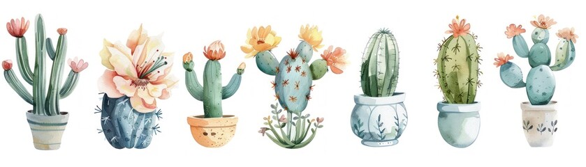 Playful watercolor cacti in bloom, pastel flowers adorning each one with cartoonish charm