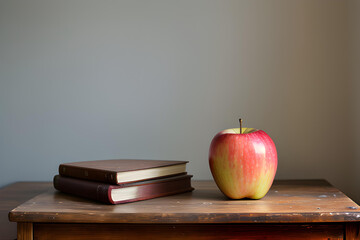 Unos libros junto a una manzana rica, en un fondo liso