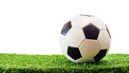 soccer or football ball on astroturf astro turf grass isolated on white background black and white pentagon shape leather pieces stitched together to form a round ball