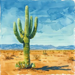 Neon green cactus in a watercolor desert, a stark summer beauty