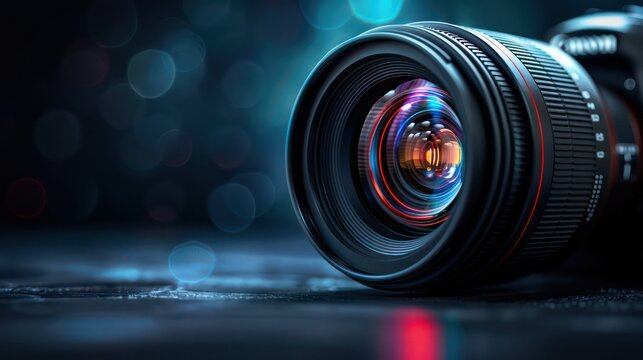 A detailed close-up of a camera lens with vibrant light reflections and bokeh effects, highlighting the precision and beauty of photography equipment
