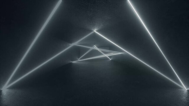 3D neon triangle glows on concrete floor in a futuristic sci-fi style loop. Abstract geometric background, fluorescent ultraviolet light. Laser neon lines, geometric endless tunnel. 4K loop animation