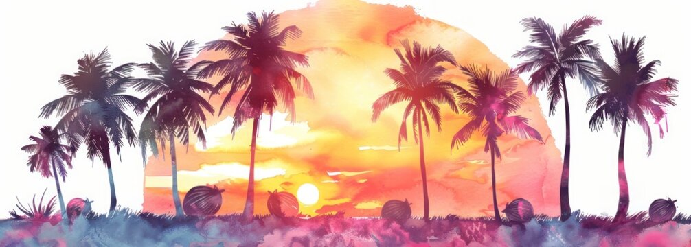 Minimalist watercolor palm trees, cartoon coconuts, pastel sunset on white