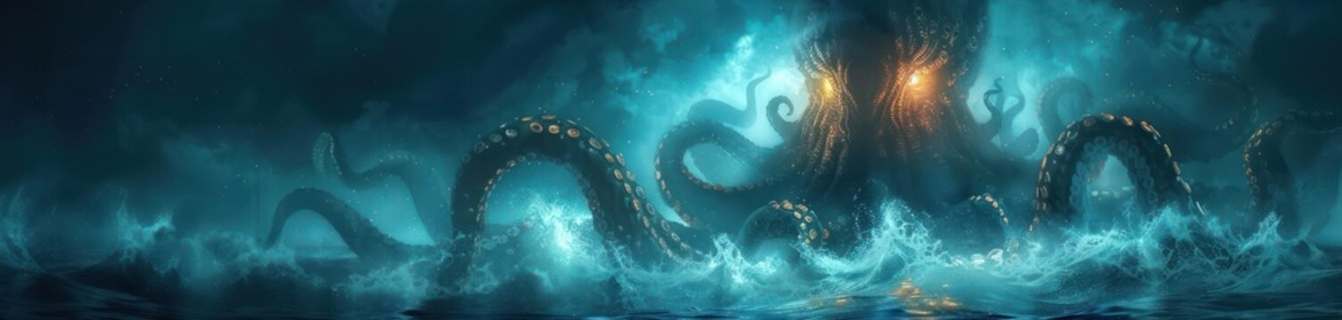 Glowing neon kraken beneath the watercolor sea, minimalist cartoon mystery