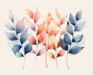 Cute watercolor leaves, pastel tones, swaying in a minimal cartoon breeze