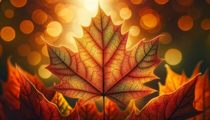 Close-Up Maple Leaf with Bokeh Light Effect