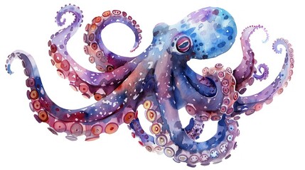 Obraz premium Cute neon watercolor octopus, cartoon tentacles playing, minimal on white