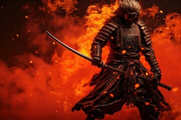 Samurai with katana flames. Art red light. Fictional person. Generate Ai