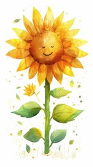 Cartoon sunflower with a happy face, pastel watercolor, minimal on white