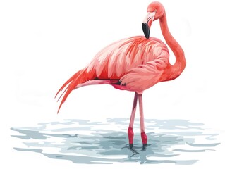 Cartoon pastel flamingo standing in water, minimal watercolor style on white