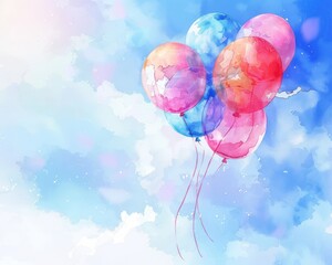 Cartoon pastel balloons drifting, watercolor sky, serene rhythmic movement