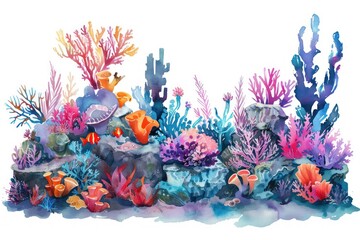 Fototapeta na wymiar Cartoon neon coral reef, watercolor sea life adventure, on white
