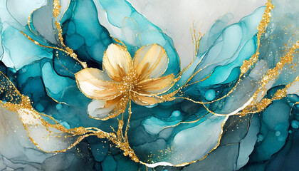 Watercolor fluid illustration of beautiful flower. Teal, blue and gold liquid. Alcohol ink. Abstract painting.