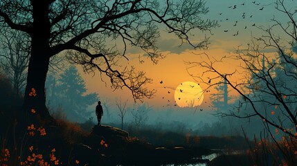 Man painting featuring a person standing on a hill as the sun sets in the background