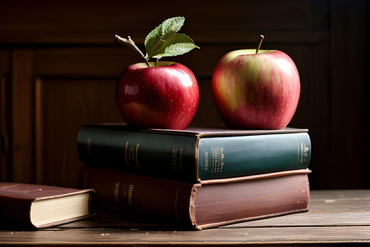 Dos ricas manzanas rojas arriba de un par de libros viejos