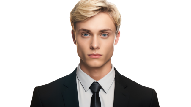 A man in a suit and tie is standing in front of a transparent background, showcasing his forehead, chin, hairstyle, eyebrow, mouth, tie, neck, jaw, sleeve on transparent