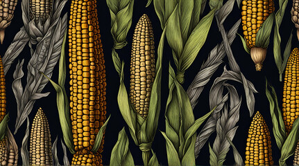 Vector handdrawn seamless pattern with corn cobs Nature .Generative AI