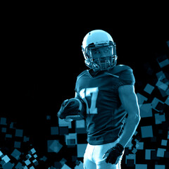 American football player banner on black background. Template for bookmaker ads with copy space. Mockup for betting advertisement. Sports betting, football betting, gambling, bookmaker, big win - obrazy, fototapety, plakaty