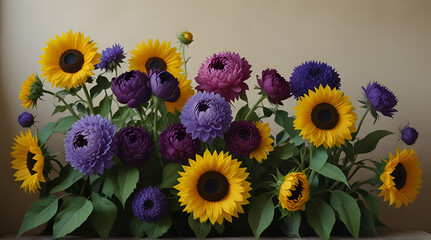 Summer sunflowers and small purple peonies .Generative AI