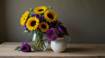 Summer sunflowers and small purple peonies .Generative AI