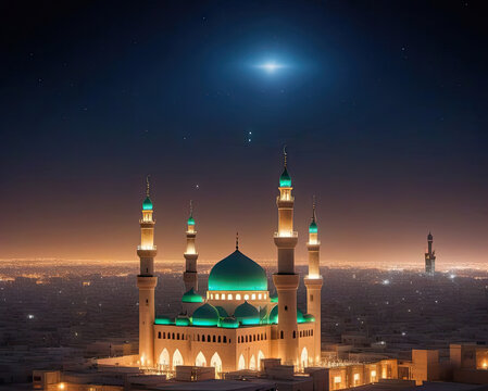 green mosque at night during Lailatul Qadar