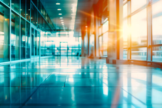 Hall d'a&eacute;roport vide ensoleill&eacute; au matin