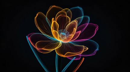 multicolor neon light drawing, abstract heart shape flowers isolated on black background. Glowing line art .Generative AI