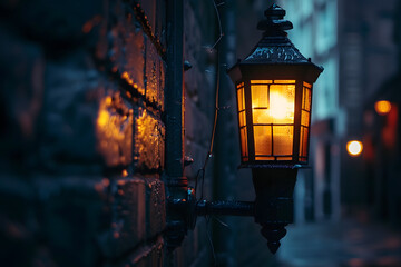 a glowing street lantern in a dark alley, to showcase the atmosphere and mystery of a nighttime...