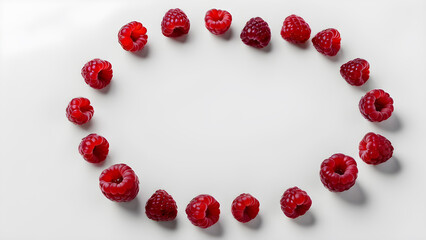 a circle of raspberries on a white background. text space