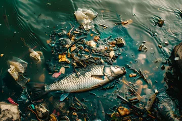 Fotobehang Poisson mort dans la rivière à cause de la pollution © Concept Photo Studio