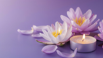 Obraz na płótnie Canvas lavender lotus flowers with candle purple background