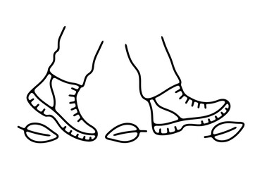 Feet in boots walking through forest, hiking and hike. Camping, tourism, travel, traveling and journey, illustration