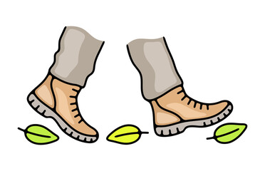 Feet in boots walking through forest, hiking and hike. Camping, tourism, travel, traveling and journey, illustration