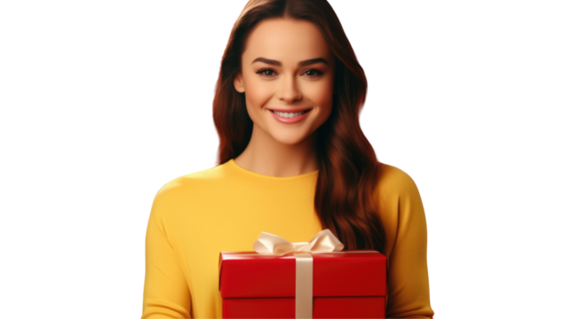 A happy woman with long hair in a yellow sweater holding a red gift box on transparent