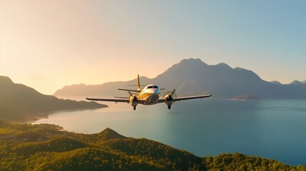 Aircraft is flying over islands and sea at sunrise in summer. Landscape with white passenger airplane