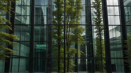 Exemplifying the ESG - Environmental, Social, Governance concept, a corporate glass building facade reflects green trees. Importance of integrating sustainability into business practice.AI