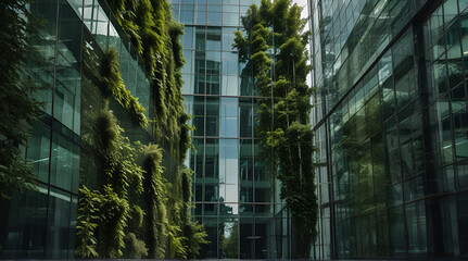 Exemplifying the ESG - Environmental, Social, Governance concept, a corporate glass building facade reflects green trees. Importance of integrating sustainability into business practice.AI