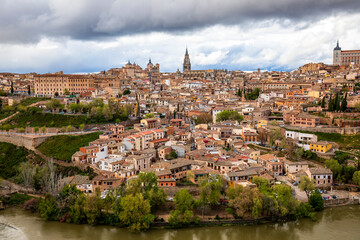 Fototapeta na wymiar General view of Toledo, Castila la Mancha, Spain, world heritage city, with the Tagus River in the foreground